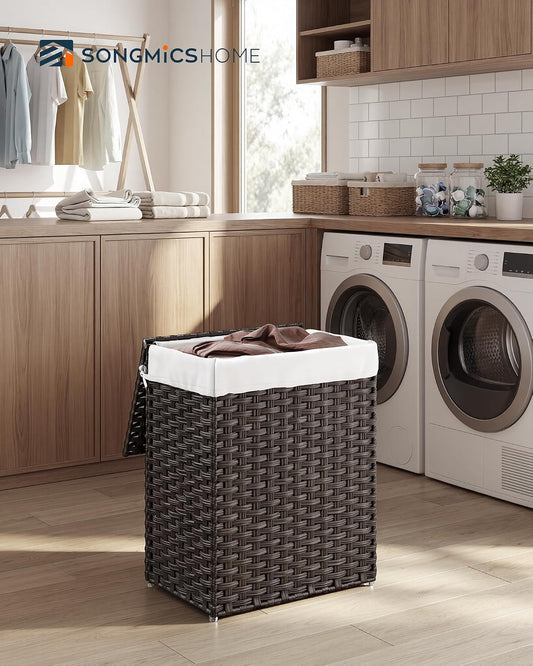 Laundry Hamper with Lid, Clothes Basket with Removable Liner and Handles, 17.2 Gallon, Foldable Narrow Laundry Organizer for Bathroom, Bedroom, Light Brown