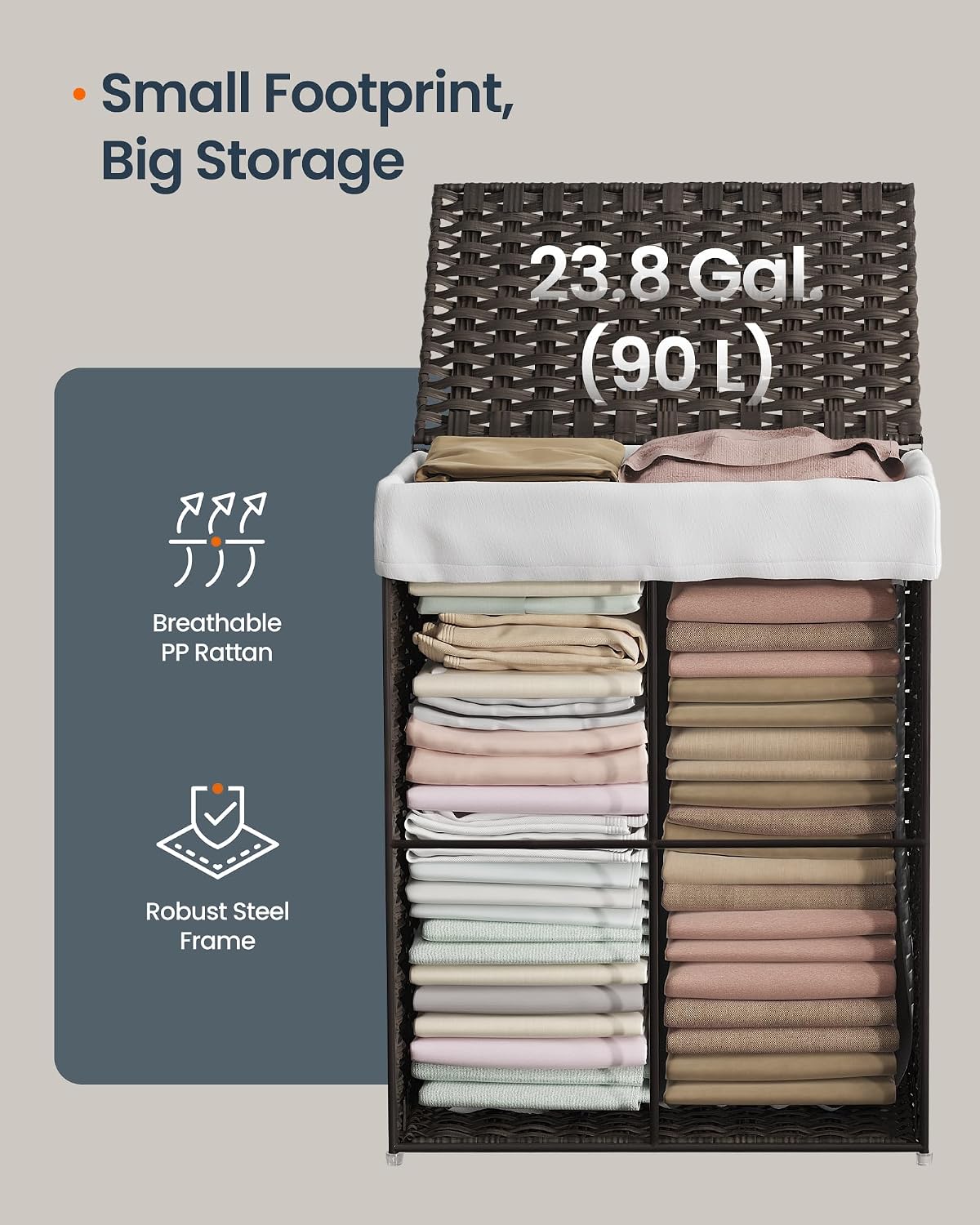Laundry Hamper with Lid, Clothes Basket with Removable Liner and Handles, 17.2 Gallon, Foldable Narrow Laundry Organizer for Bathroom, Bedroom, Light Brown