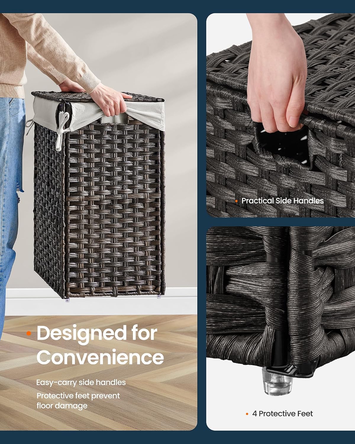 Laundry Hamper with Lid, Clothes Basket with Removable Liner and Handles, 17.2 Gallon, Foldable Narrow Laundry Organizer for Bathroom, Bedroom, Light Brown
