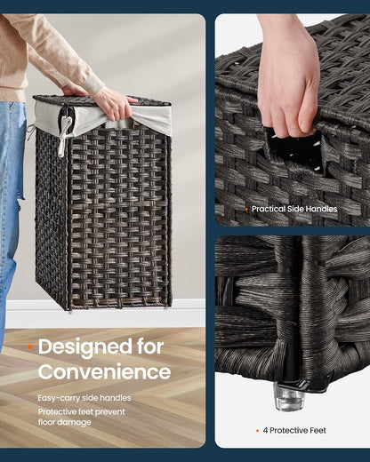 Laundry Hamper with Lid, Clothes Basket with Removable Liner and Handles, 17.2 Gallon, Foldable Narrow Laundry Organizer for Bathroom, Bedroom, Light Brown