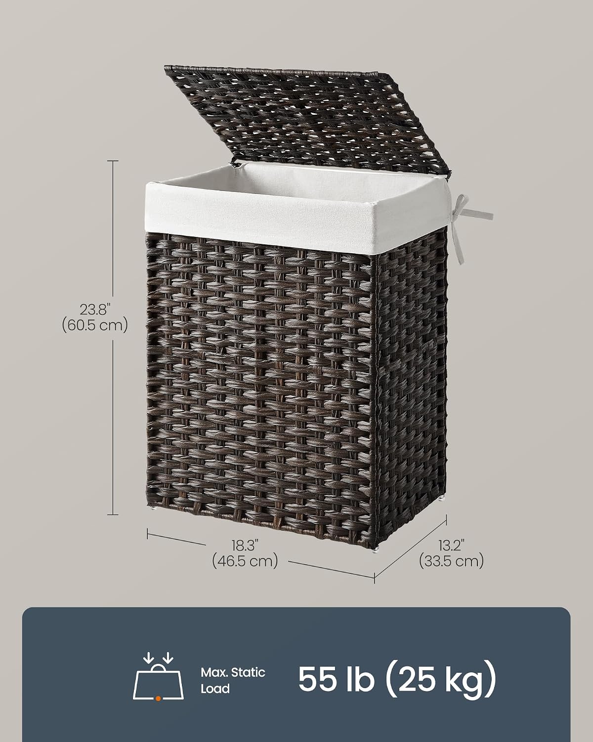 Laundry Hamper with Lid, Clothes Basket with Removable Liner and Handles, 17.2 Gallon, Foldable Narrow Laundry Organizer for Bathroom, Bedroom, Light Brown