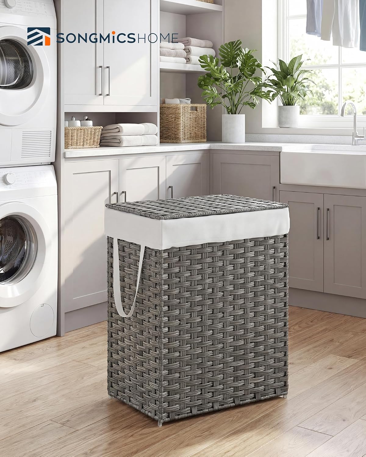 Laundry Hamper with Lid, Clothes Basket with Removable Liner and Handles, 17.2 Gallon, Foldable Narrow Laundry Organizer for Bathroom, Bedroom, Light Brown