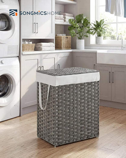 Laundry Hamper with Lid, Clothes Basket with Removable Liner and Handles, 17.2 Gallon, Foldable Narrow Laundry Organizer for Bathroom, Bedroom, Light Brown