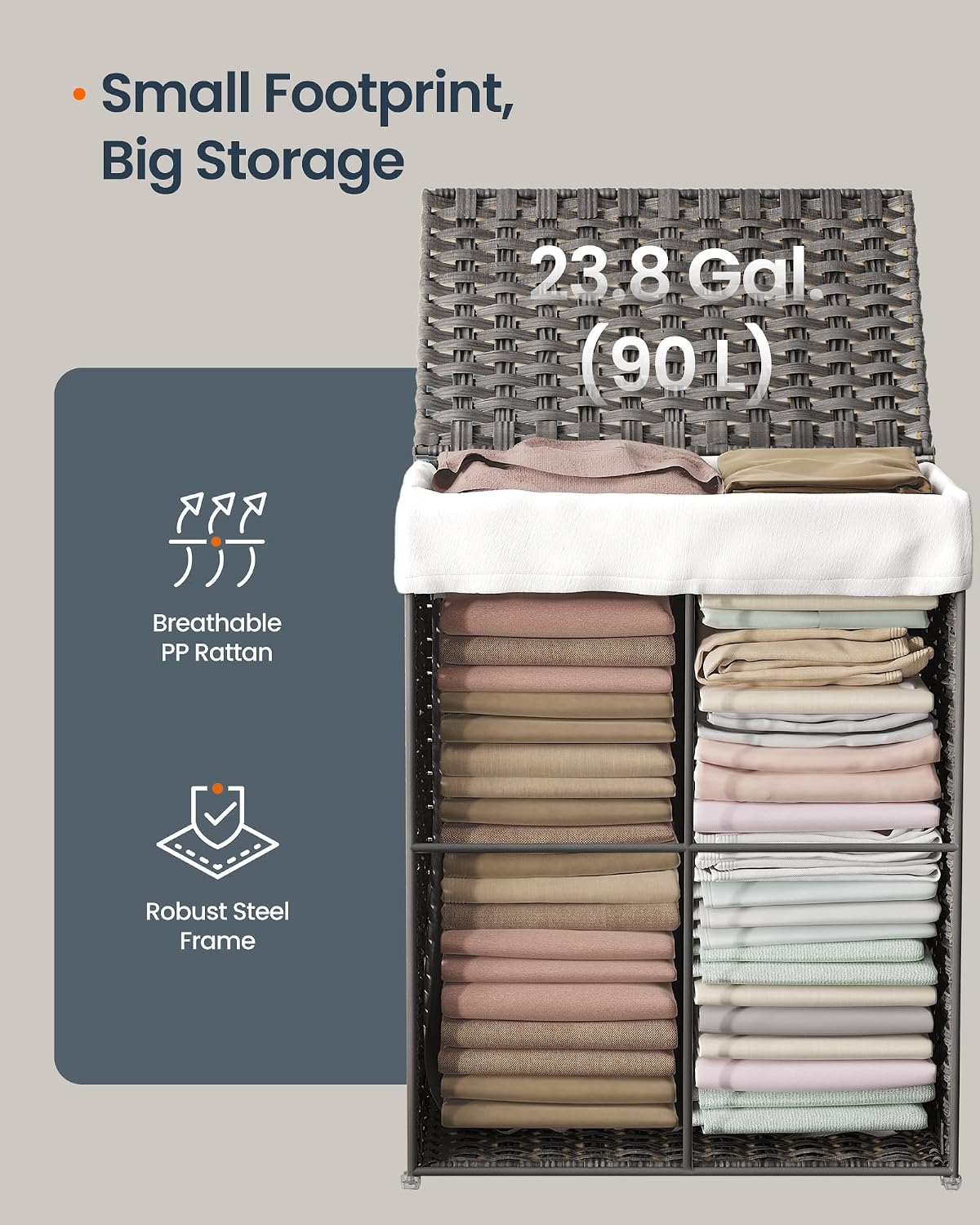 Laundry Hamper with Lid, Clothes Basket with Removable Liner and Handles, 17.2 Gallon, Foldable Narrow Laundry Organizer for Bathroom, Bedroom, Light Brown