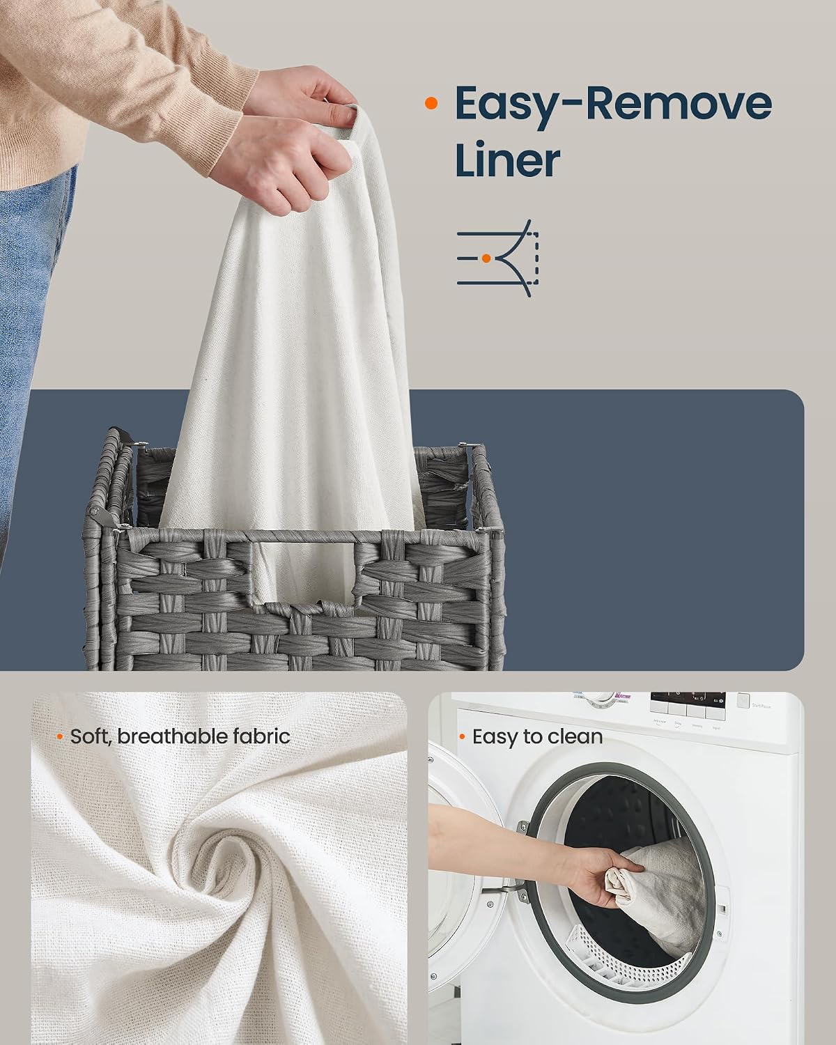 Laundry Hamper with Lid, Clothes Basket with Removable Liner and Handles, 17.2 Gallon, Foldable Narrow Laundry Organizer for Bathroom, Bedroom, Light Brown