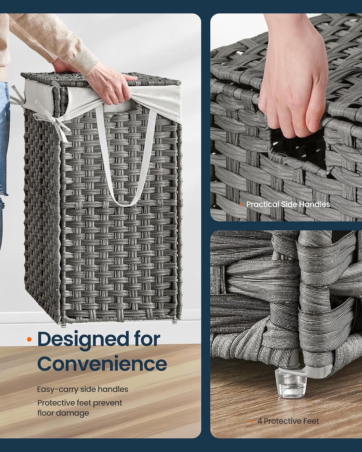 Laundry Hamper with Lid, Clothes Basket with Removable Liner and Handles, 17.2 Gallon, Foldable Narrow Laundry Organizer for Bathroom, Bedroom, Light Brown