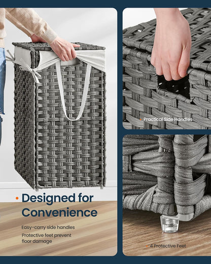 Laundry Hamper with Lid, Clothes Basket with Removable Liner and Handles, 17.2 Gallon, Foldable Narrow Laundry Organizer for Bathroom, Bedroom, Light Brown
