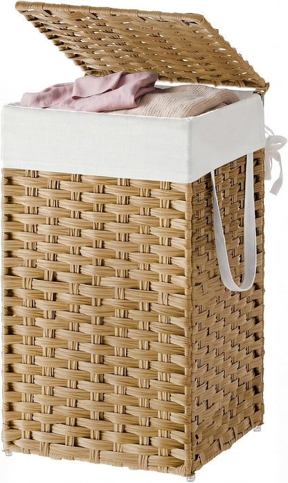 Laundry Hamper with Lid, Clothes Basket with Removable Liner and Handles, 17.2 Gallon, Foldable Narrow Laundry Organizer for Bathroom, Bedroom, Light Brown