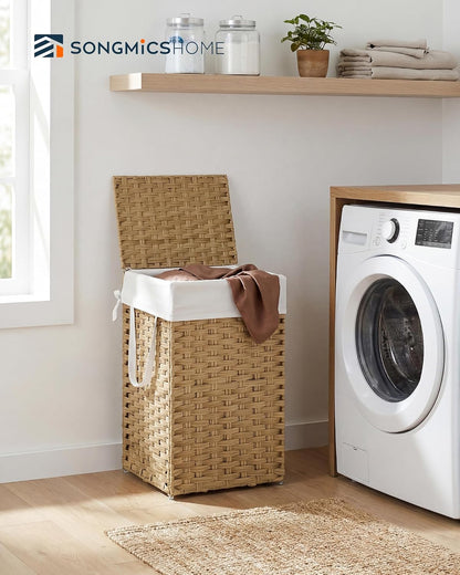 Laundry Hamper with Lid, Clothes Basket with Removable Liner and Handles, 17.2 Gallon, Foldable Narrow Laundry Organizer for Bathroom, Bedroom, Light Brown