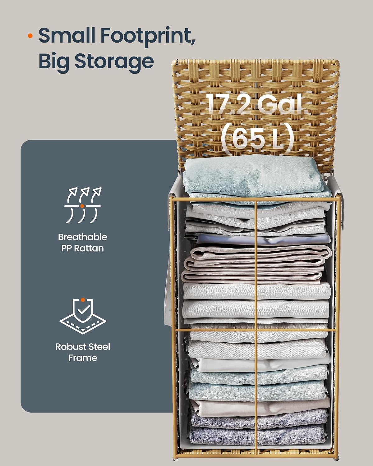 Laundry Hamper with Lid, Clothes Basket with Removable Liner and Handles, 17.2 Gallon, Foldable Narrow Laundry Organizer for Bathroom, Bedroom, Light Brown