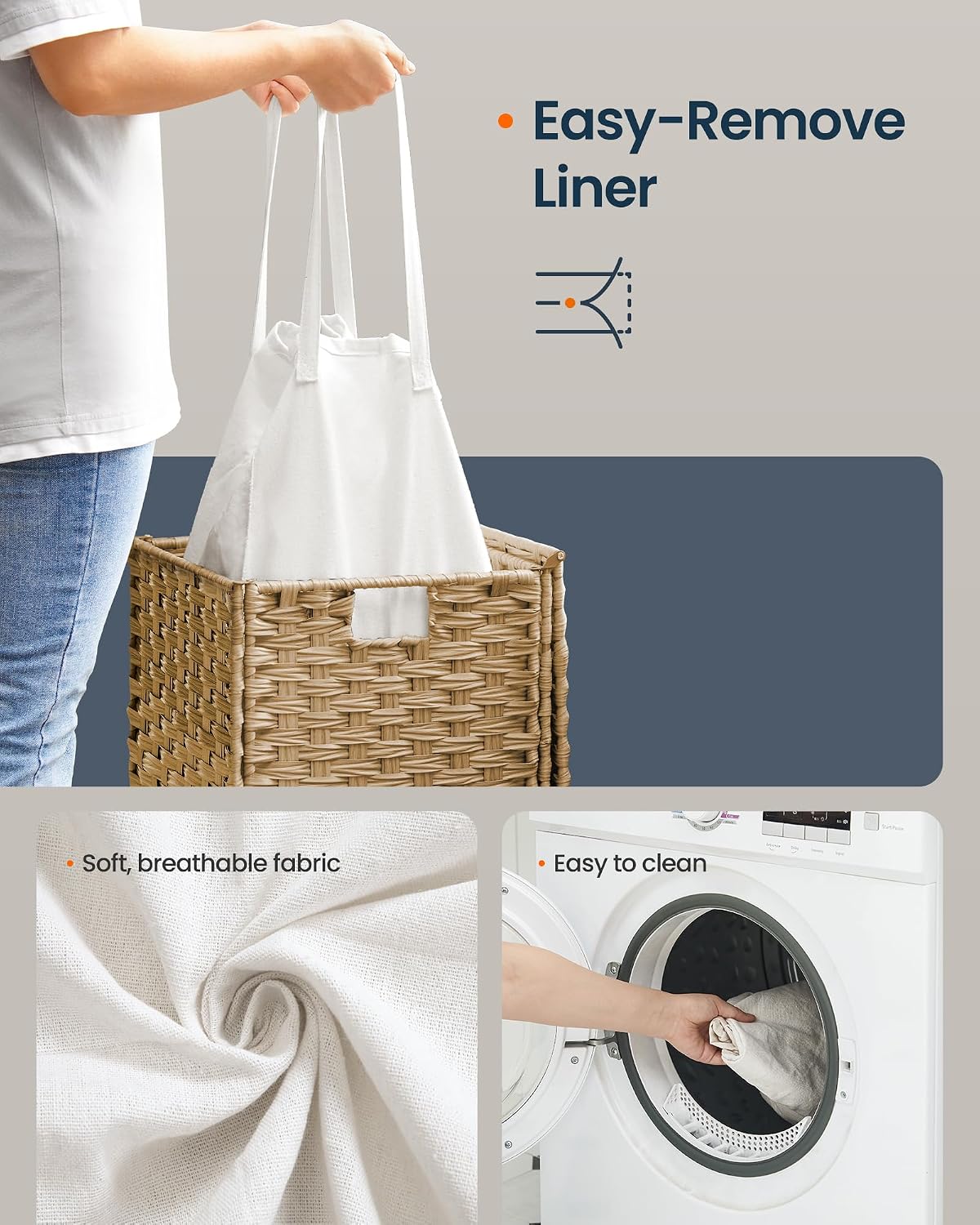 Laundry Hamper with Lid, Clothes Basket with Removable Liner and Handles, 17.2 Gallon, Foldable Narrow Laundry Organizer for Bathroom, Bedroom, Light Brown