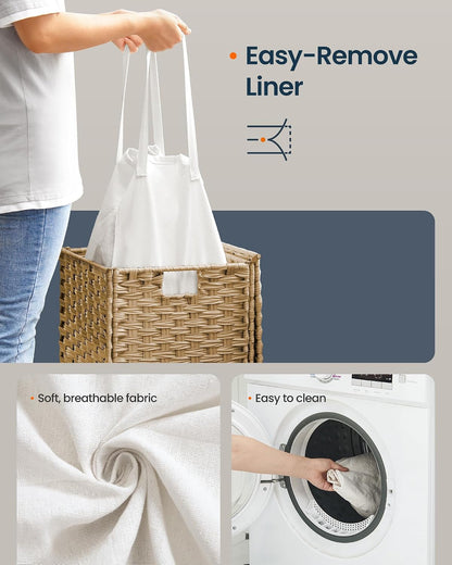 Laundry Hamper with Lid, Clothes Basket with Removable Liner and Handles, 17.2 Gallon, Foldable Narrow Laundry Organizer for Bathroom, Bedroom, Light Brown