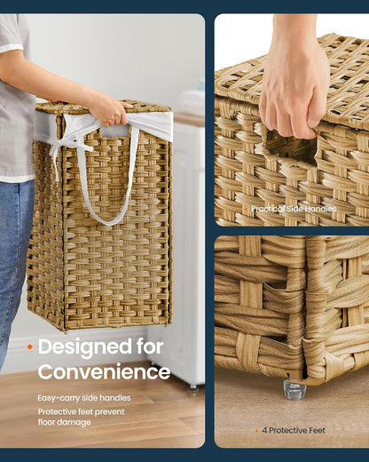 Laundry Hamper with Lid, Clothes Basket with Removable Liner and Handles, 17.2 Gallon, Foldable Narrow Laundry Organizer for Bathroom, Bedroom, Light Brown