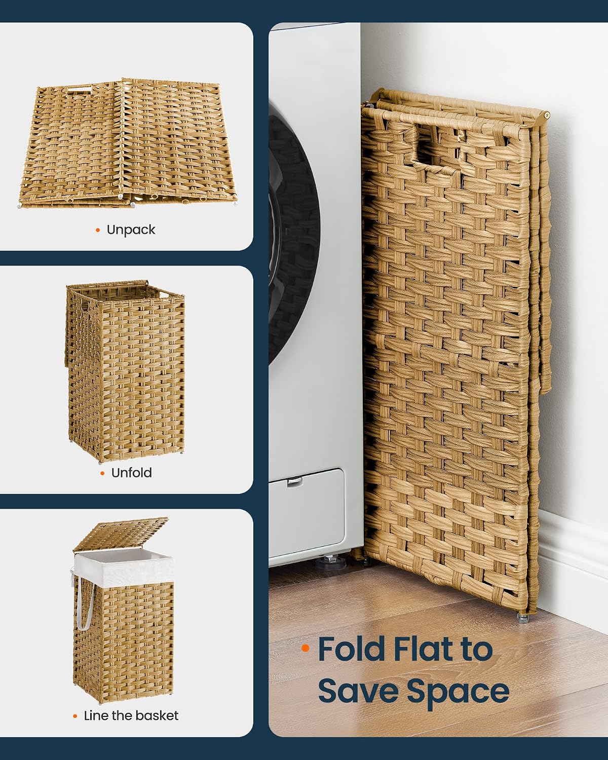 Laundry Hamper with Lid, Clothes Basket with Removable Liner and Handles, 17.2 Gallon, Foldable Narrow Laundry Organizer for Bathroom, Bedroom, Light Brown