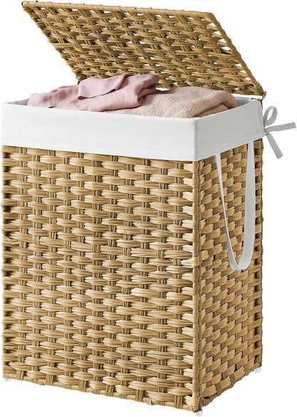 Laundry Hamper with Lid, Clothes Basket with Removable Liner and Handles, 17.2 Gallon, Foldable Narrow Laundry Organizer for Bathroom, Bedroom, Light Brown