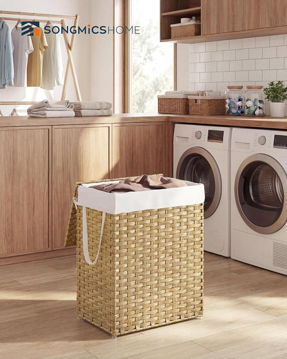 Laundry Hamper with Lid, Clothes Basket with Removable Liner and Handles, 17.2 Gallon, Foldable Narrow Laundry Organizer for Bathroom, Bedroom, Light Brown