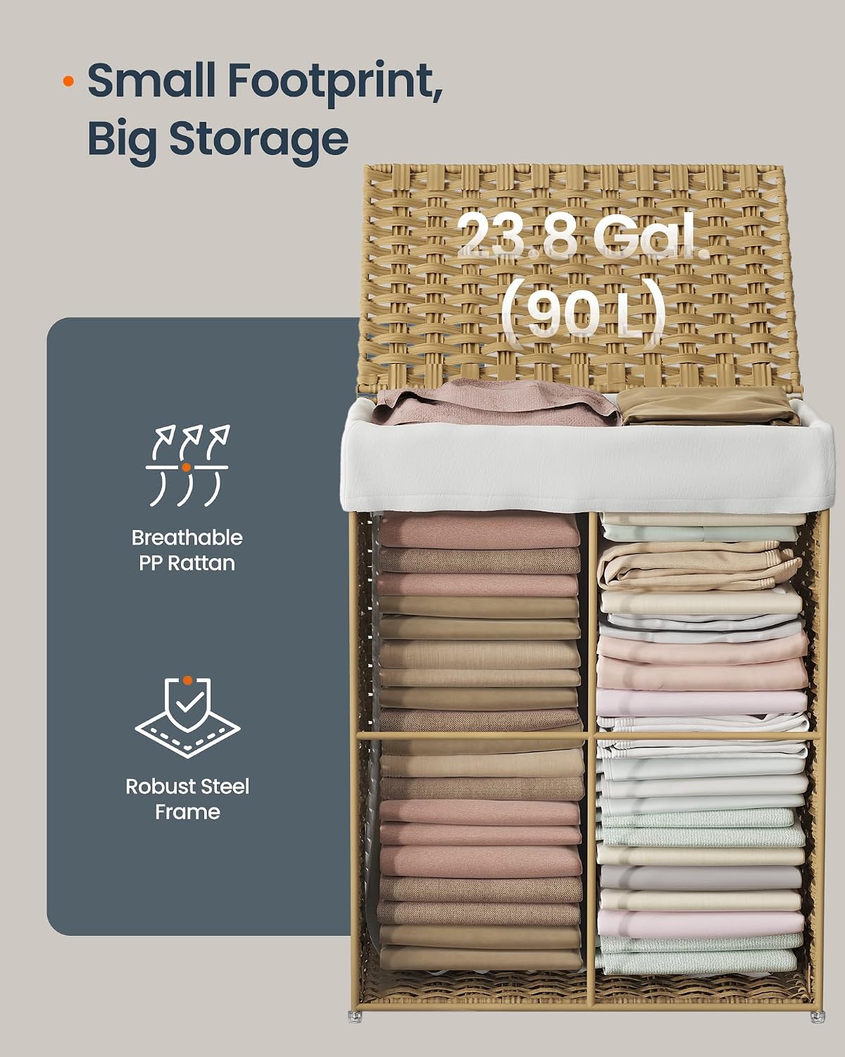 Laundry Hamper with Lid, Clothes Basket with Removable Liner and Handles, 17.2 Gallon, Foldable Narrow Laundry Organizer for Bathroom, Bedroom, Light Brown