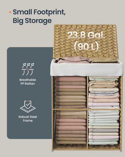 Laundry Hamper with Lid, Clothes Basket with Removable Liner and Handles, 17.2 Gallon, Foldable Narrow Laundry Organizer for Bathroom, Bedroom, Light Brown