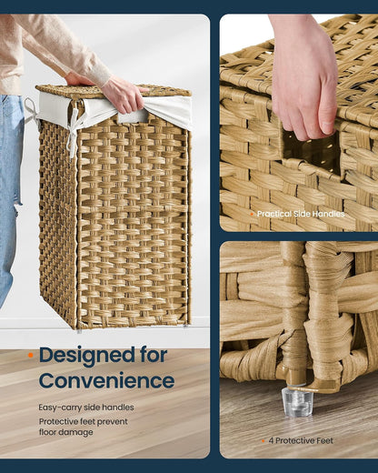 Laundry Hamper with Lid, Clothes Basket with Removable Liner and Handles, 17.2 Gallon, Foldable Narrow Laundry Organizer for Bathroom, Bedroom, Light Brown