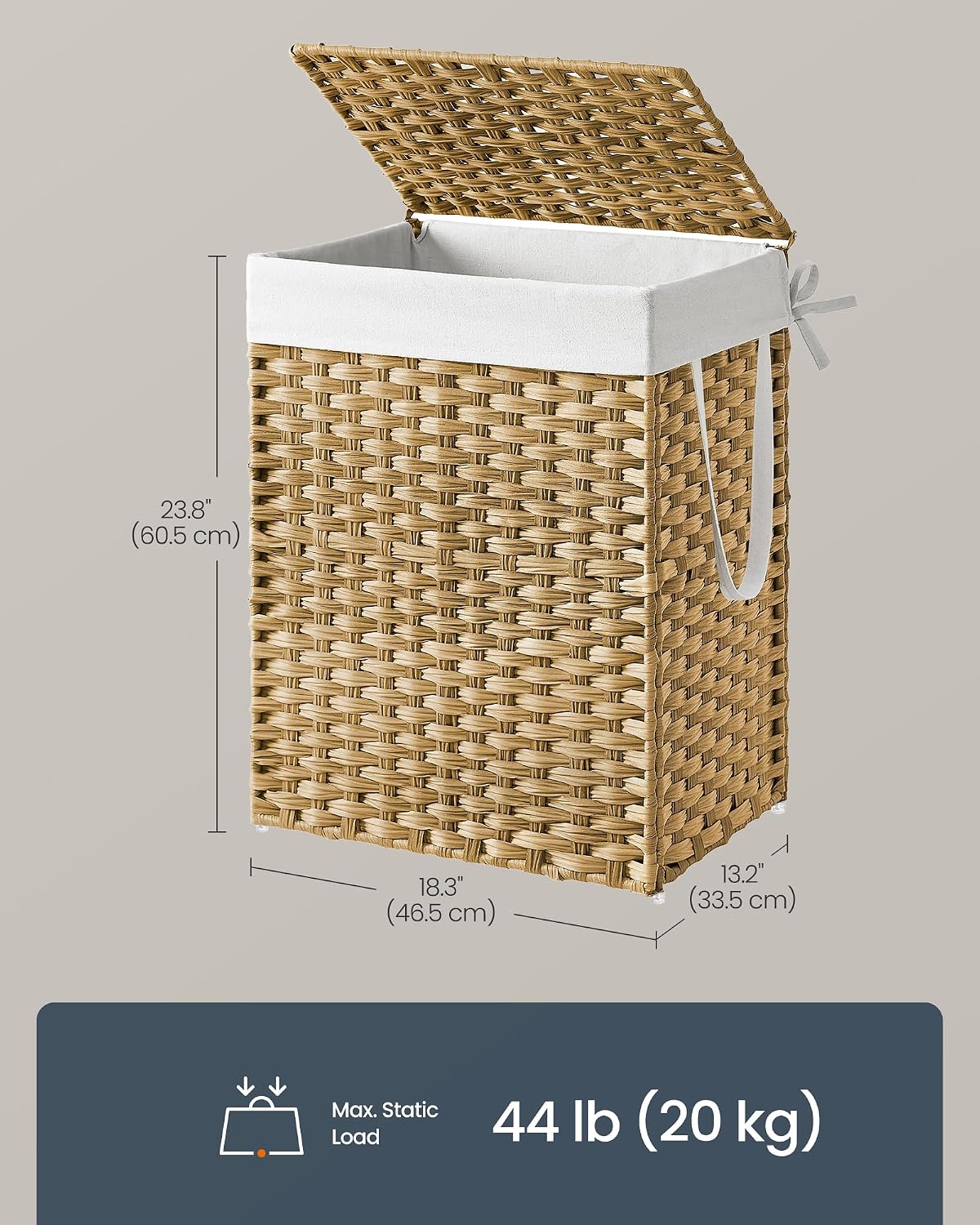 Laundry Hamper with Lid, Clothes Basket with Removable Liner and Handles, 17.2 Gallon, Foldable Narrow Laundry Organizer for Bathroom, Bedroom, Light Brown