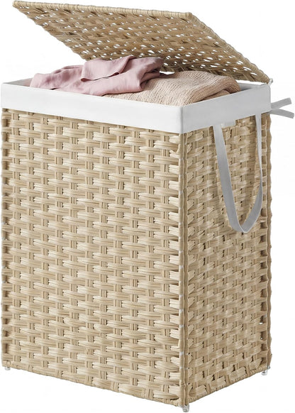 Laundry Hamper with Lid, Clothes Basket with Removable Liner and Handles, 17.2 Gallon, Foldable Narrow Laundry Organizer for Bathroom, Bedroom, Light Brown