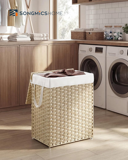 Laundry Hamper with Lid, Clothes Basket with Removable Liner and Handles, 17.2 Gallon, Foldable Narrow Laundry Organizer for Bathroom, Bedroom, Light Brown