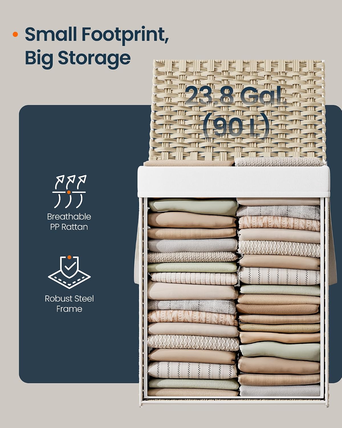 Laundry Hamper with Lid, Clothes Basket with Removable Liner and Handles, 17.2 Gallon, Foldable Narrow Laundry Organizer for Bathroom, Bedroom, Light Brown