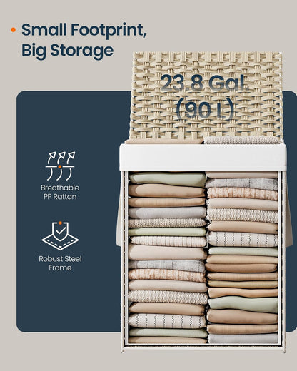 Laundry Hamper with Lid, Clothes Basket with Removable Liner and Handles, 17.2 Gallon, Foldable Narrow Laundry Organizer for Bathroom, Bedroom, Light Brown