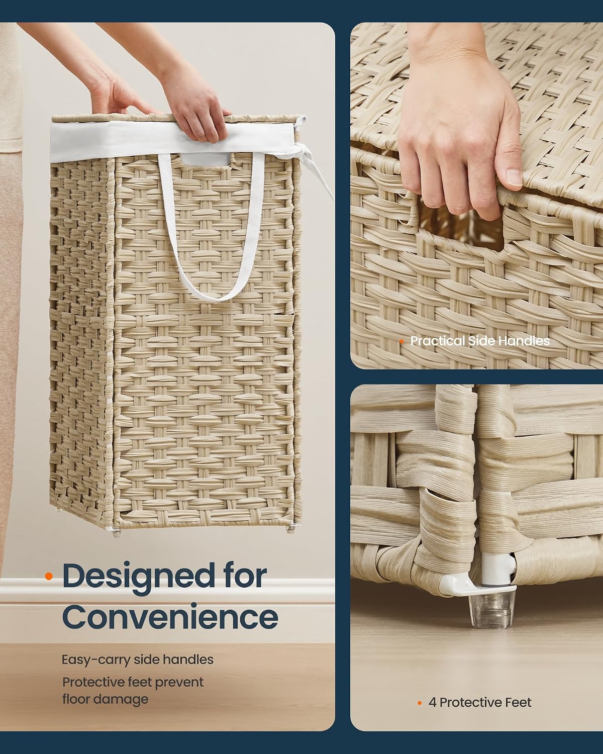 Laundry Hamper with Lid, Clothes Basket with Removable Liner and Handles, 17.2 Gallon, Foldable Narrow Laundry Organizer for Bathroom, Bedroom, Light Brown