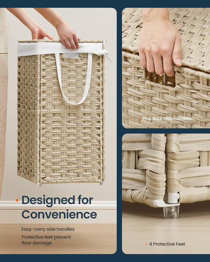 Laundry Hamper with Lid, Clothes Basket with Removable Liner and Handles, 17.2 Gallon, Foldable Narrow Laundry Organizer for Bathroom, Bedroom, Light Brown