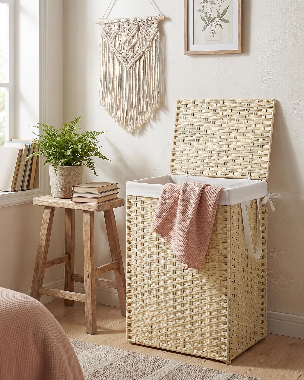 Laundry Hamper with Lid, Clothes Basket with Removable Liner and Handles, 17.2 Gallon, Foldable Narrow Laundry Organizer for Bathroom, Bedroom, Light Brown