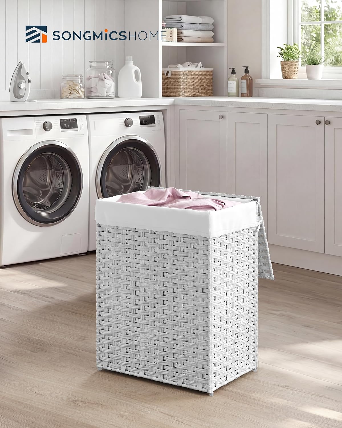 Laundry Hamper with Lid, Clothes Basket with Removable Liner and Handles, 17.2 Gallon, Foldable Narrow Laundry Organizer for Bathroom, Bedroom, Light Brown