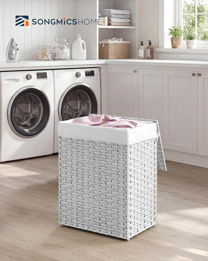 Laundry Hamper with Lid, Clothes Basket with Removable Liner and Handles, 17.2 Gallon, Foldable Narrow Laundry Organizer for Bathroom, Bedroom, Light Brown