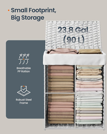 Laundry Hamper with Lid, Clothes Basket with Removable Liner and Handles, 17.2 Gallon, Foldable Narrow Laundry Organizer for Bathroom, Bedroom, Light Brown