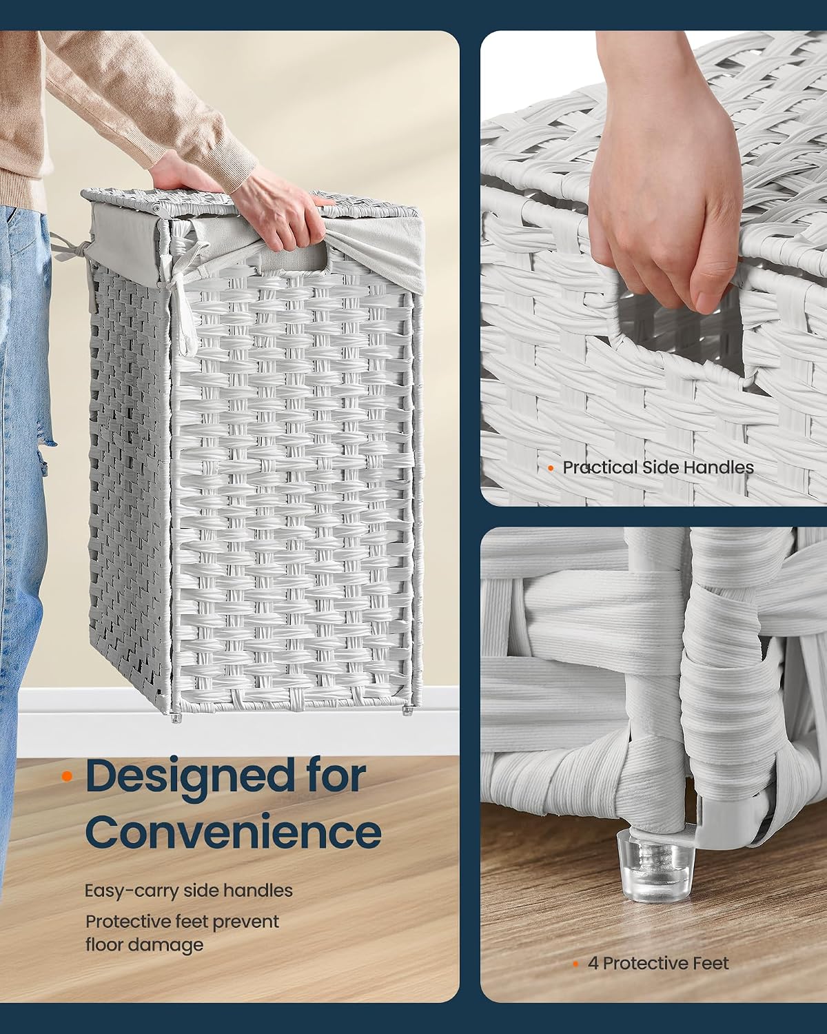 Laundry Hamper with Lid, Clothes Basket with Removable Liner and Handles, 17.2 Gallon, Foldable Narrow Laundry Organizer for Bathroom, Bedroom, Light Brown