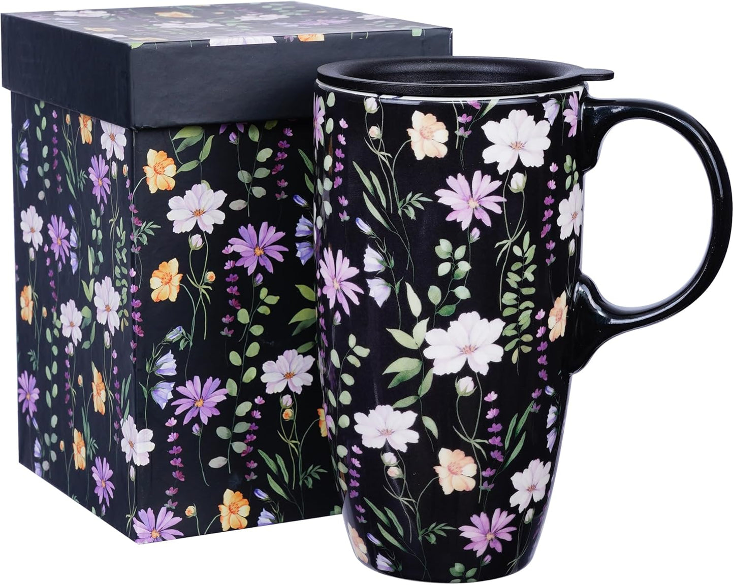 Botanical Ceramic Travel Mug with Lid, 17oz Floral Coffee Mug | Microwave & Dishwasher Safe Tea Cup with Gift Box