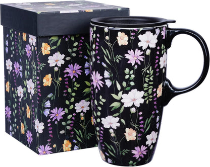 Botanical Ceramic Travel Mug with Lid, 17oz Floral Coffee Mug | Microwave & Dishwasher Safe Tea Cup with Gift Box