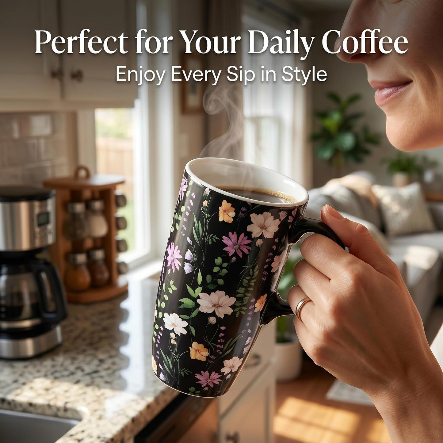 Botanical Ceramic Travel Mug with Lid, 17oz Floral Coffee Mug | Microwave & Dishwasher Safe Tea Cup with Gift Box