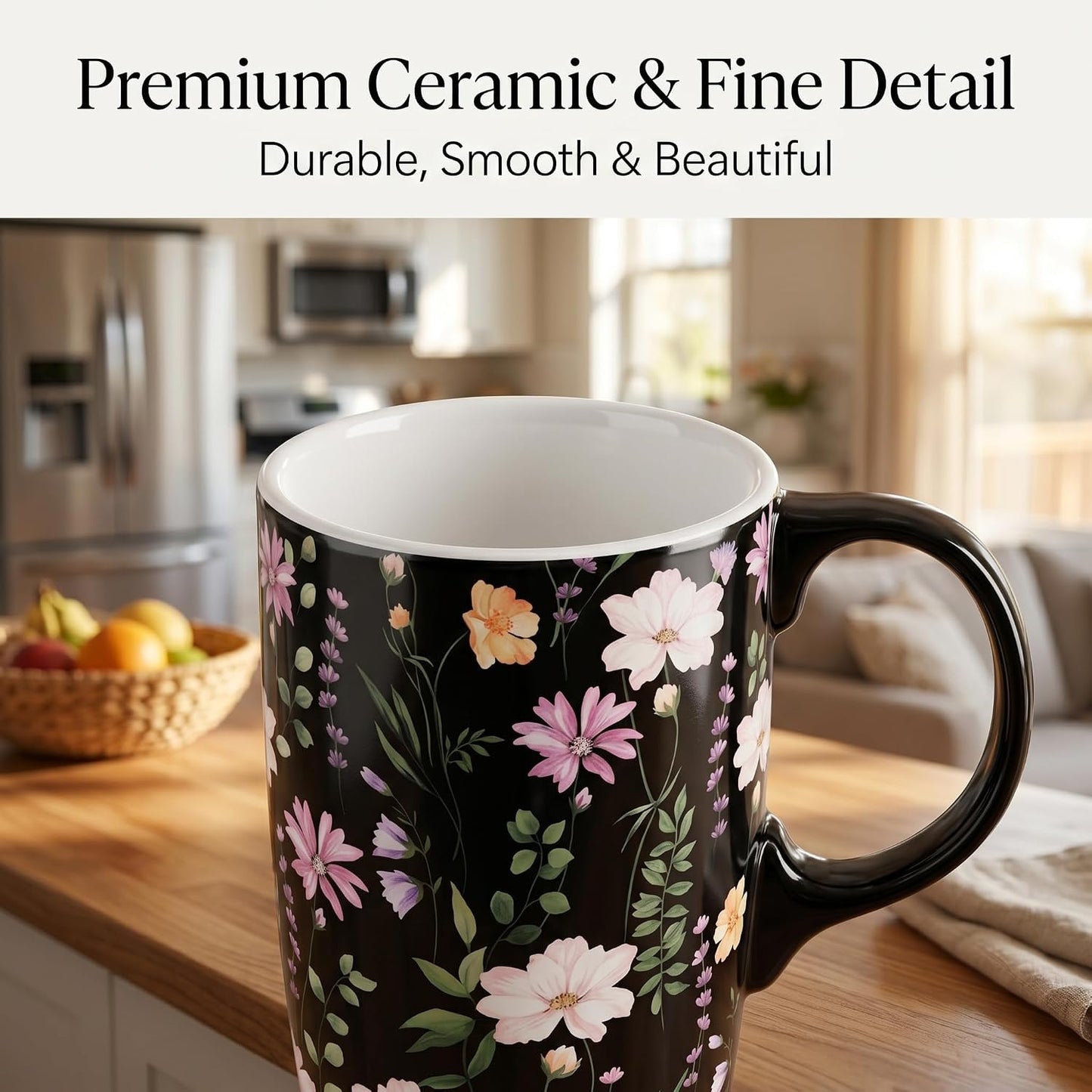 Botanical Ceramic Travel Mug with Lid, 17oz Floral Coffee Mug | Microwave & Dishwasher Safe Tea Cup with Gift Box