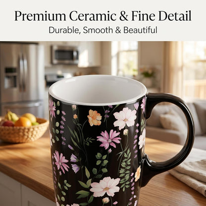 Botanical Ceramic Travel Mug with Lid, 17oz Floral Coffee Mug | Microwave & Dishwasher Safe Tea Cup with Gift Box