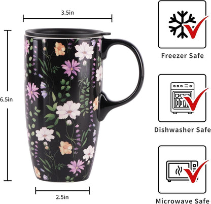Botanical Ceramic Travel Mug with Lid, 17oz Floral Coffee Mug | Microwave & Dishwasher Safe Tea Cup with Gift Box
