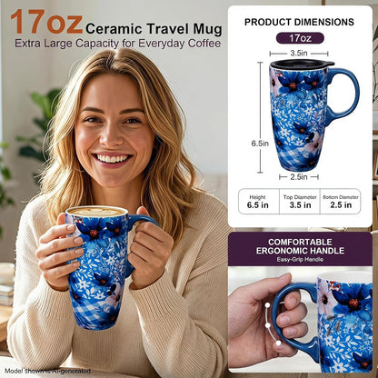 Botanical Ceramic Travel Mug with Lid, 17oz Floral Coffee Mug | Microwave & Dishwasher Safe Tea Cup with Gift Box