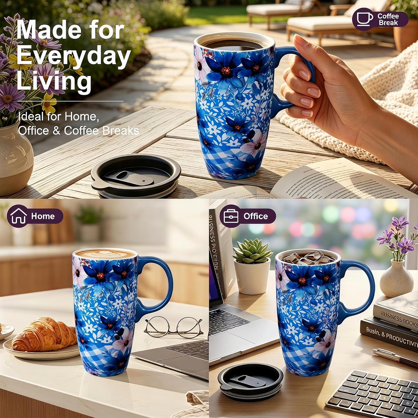 Botanical Ceramic Travel Mug with Lid, 17oz Floral Coffee Mug | Microwave & Dishwasher Safe Tea Cup with Gift Box
