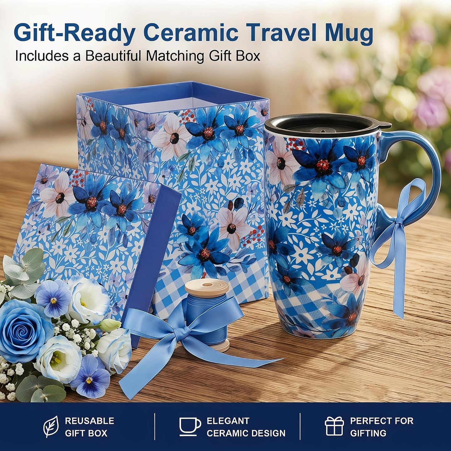 Botanical Ceramic Travel Mug with Lid, 17oz Floral Coffee Mug | Microwave & Dishwasher Safe Tea Cup with Gift Box