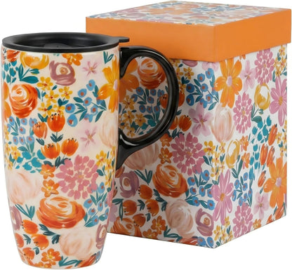 Botanical Ceramic Travel Mug with Lid, 17oz Floral Coffee Mug | Microwave & Dishwasher Safe Tea Cup with Gift Box