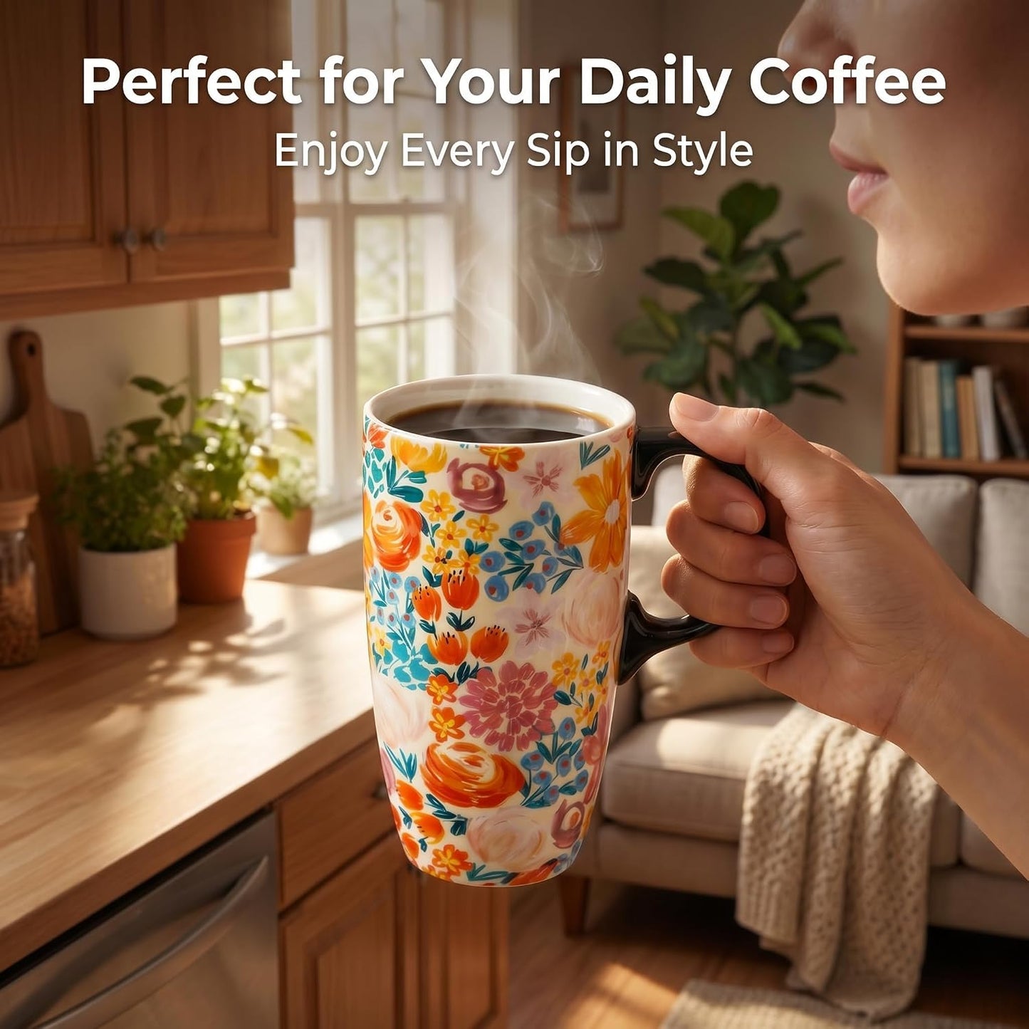 Botanical Ceramic Travel Mug with Lid, 17oz Floral Coffee Mug | Microwave & Dishwasher Safe Tea Cup with Gift Box