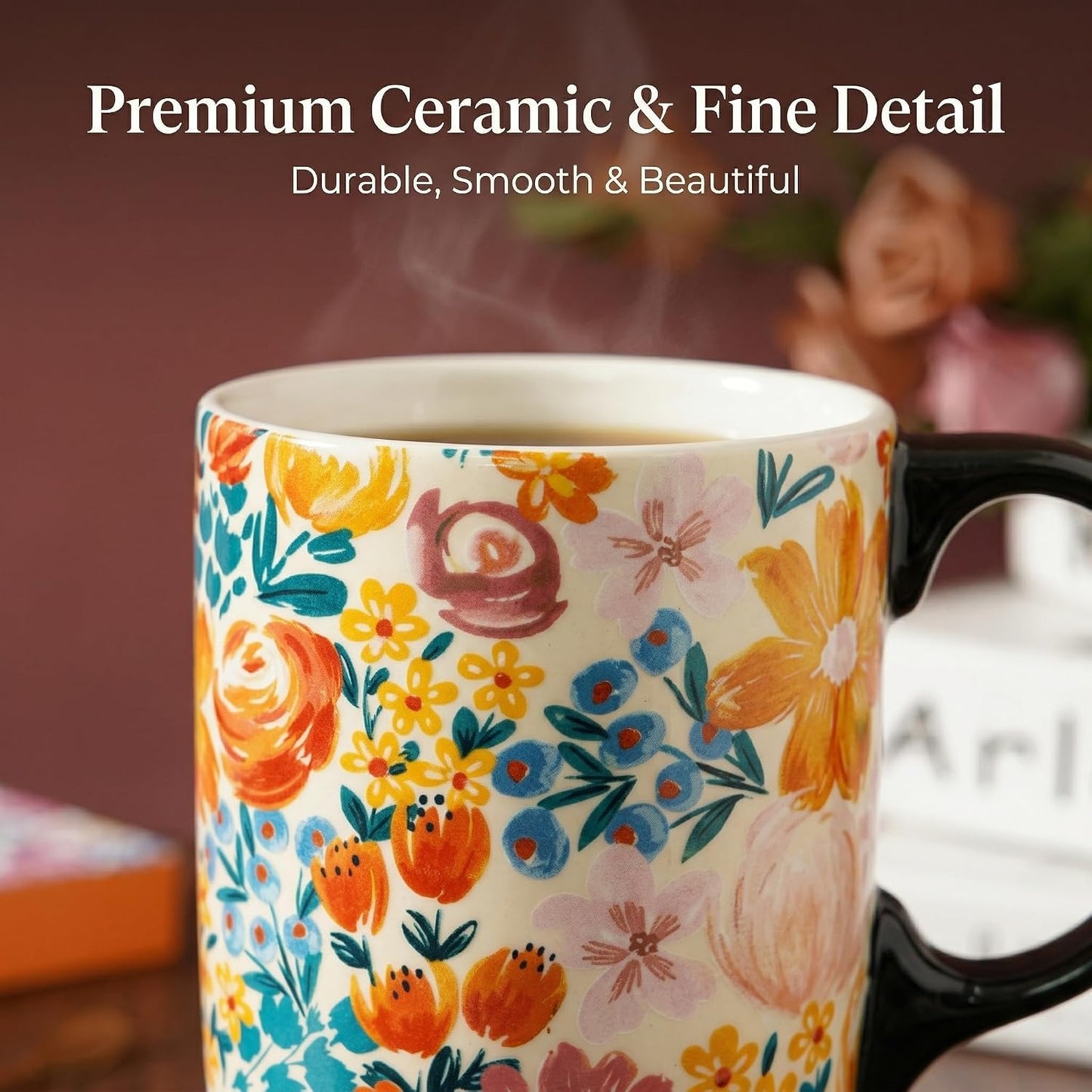 Botanical Ceramic Travel Mug with Lid, 17oz Floral Coffee Mug | Microwave & Dishwasher Safe Tea Cup with Gift Box