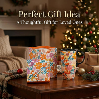 Botanical Ceramic Travel Mug with Lid, 17oz Floral Coffee Mug | Microwave & Dishwasher Safe Tea Cup with Gift Box