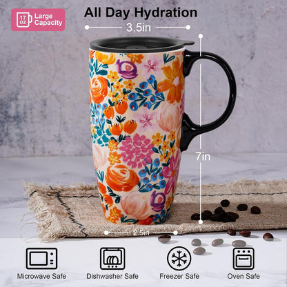 Botanical Ceramic Travel Mug with Lid, 17oz Floral Coffee Mug | Microwave & Dishwasher Safe Tea Cup with Gift Box
