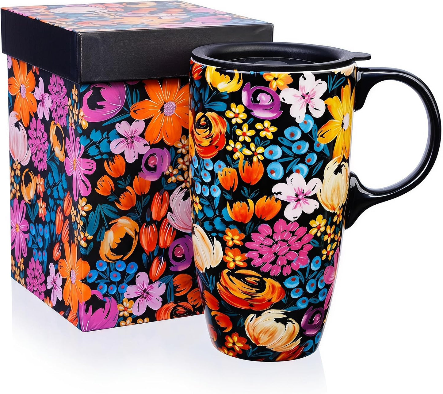 Botanical Ceramic Travel Mug with Lid, 17oz Floral Coffee Mug | Microwave & Dishwasher Safe Tea Cup with Gift Box